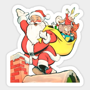 Santa Claus with his friends on the roof by the fireplace at Christmas Retro Vintage Comic Cartoon Sticker